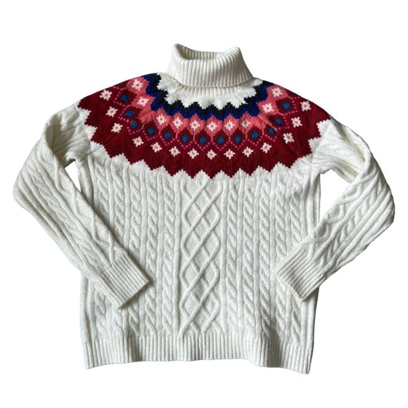Loft Womens Fair Isle Cable Knit Sweater M White Red Warm Cozy WInter - Picture 1 of 7